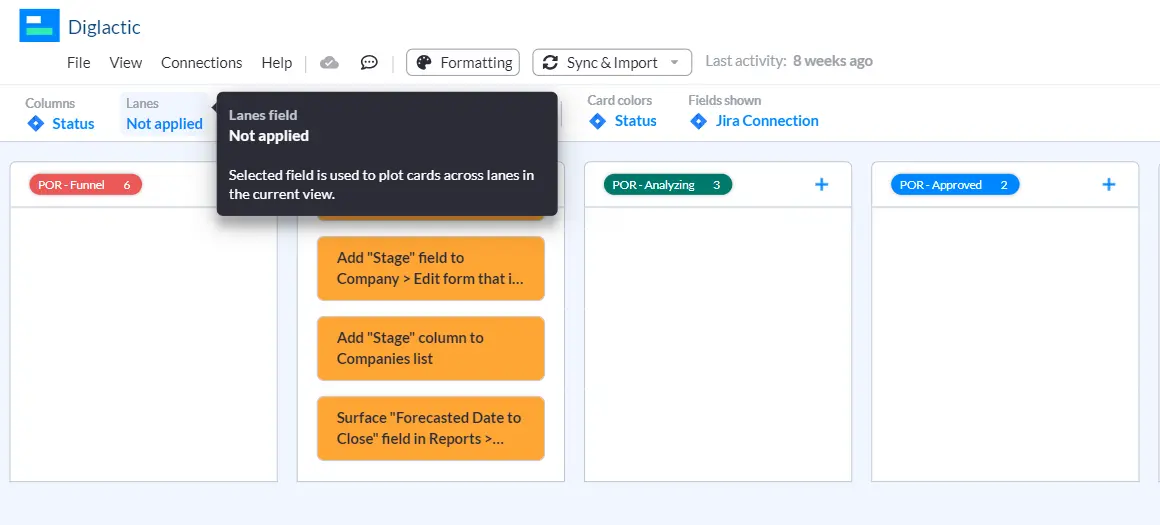 Screenshot of Visor interface for the Kanban board view. It illustrates where to select the Lanes dropdown menu to see swimlane options