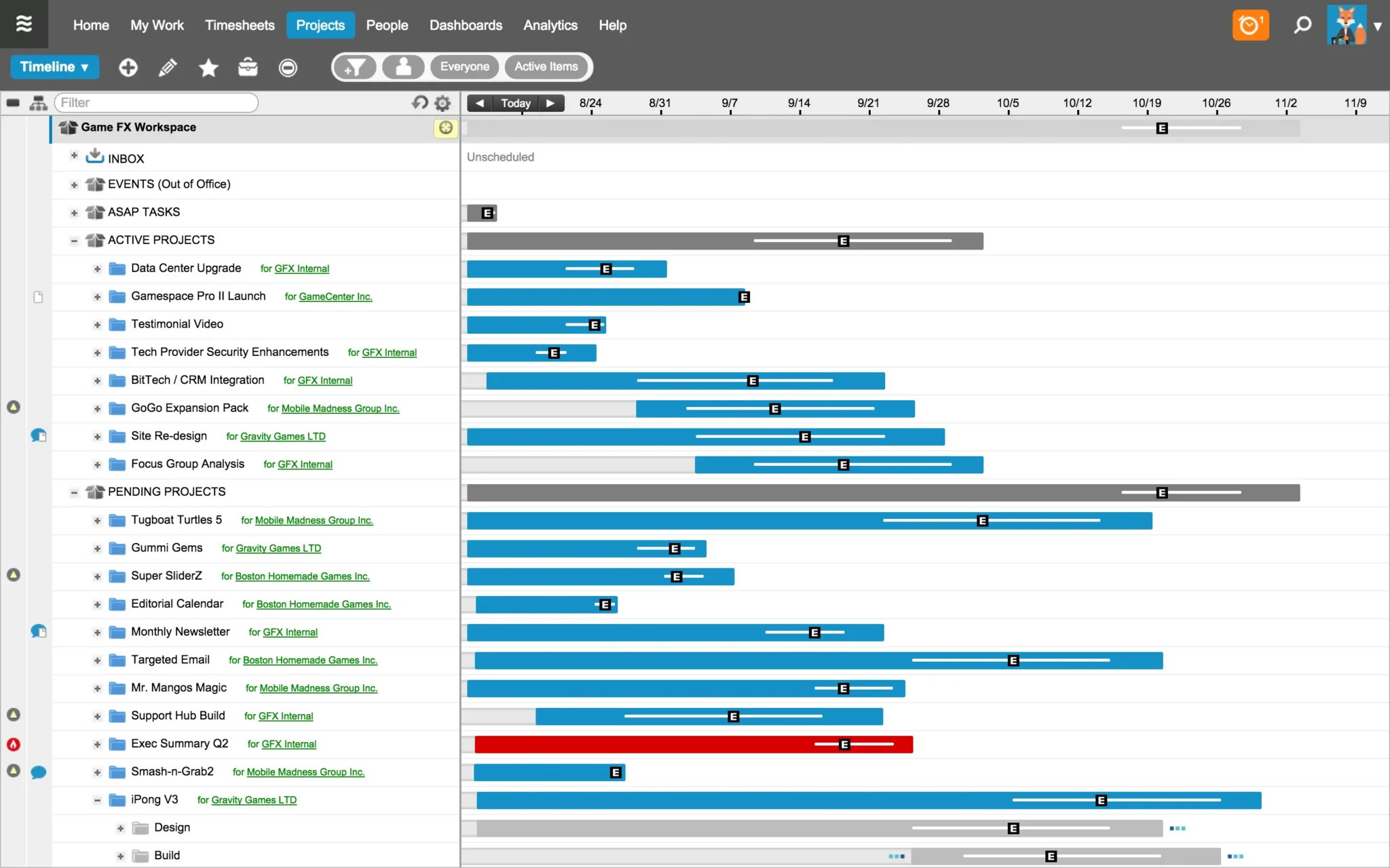 a gantt in Tempo Portfolio Manager