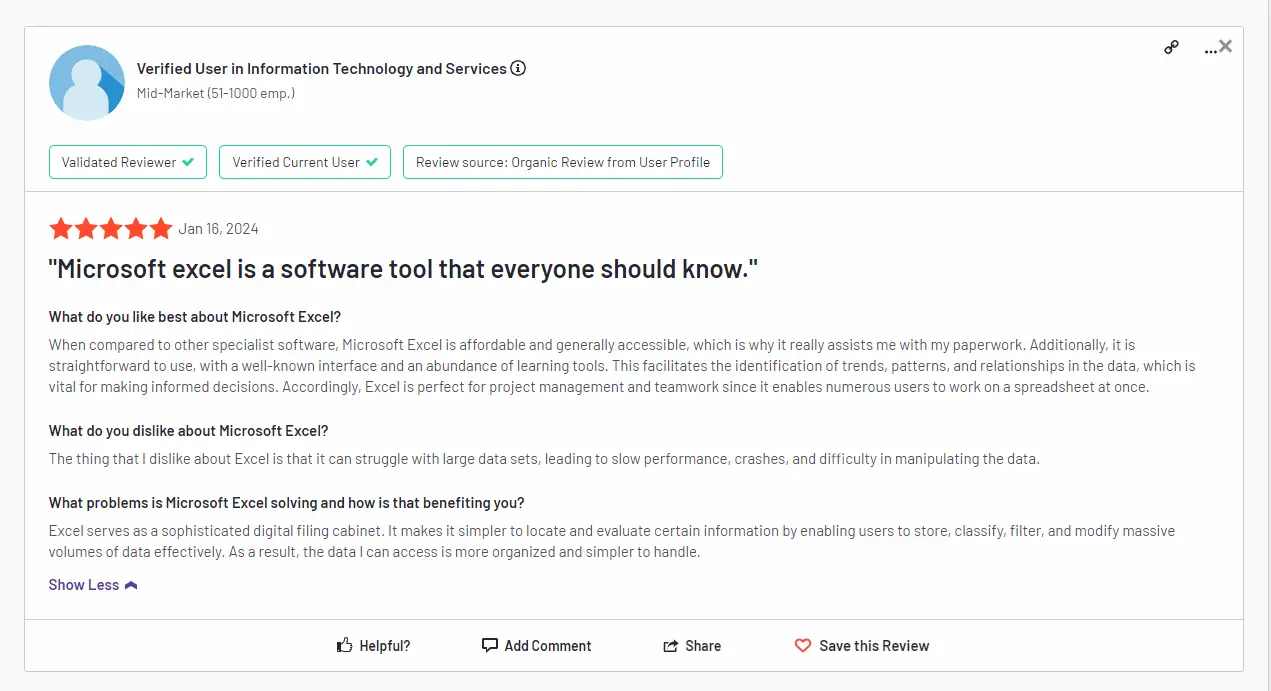 Screenshot of a Microsoft Excel online review