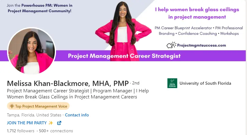 linkedin profile of melissa khan blackmore, project manager influencer