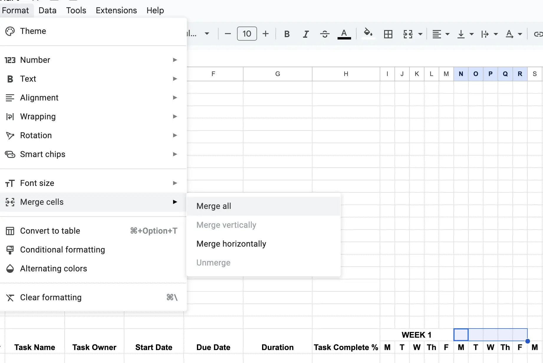 Merging cells above the days of the week in a Google Sheets Gantt chart to create weekly groupings.