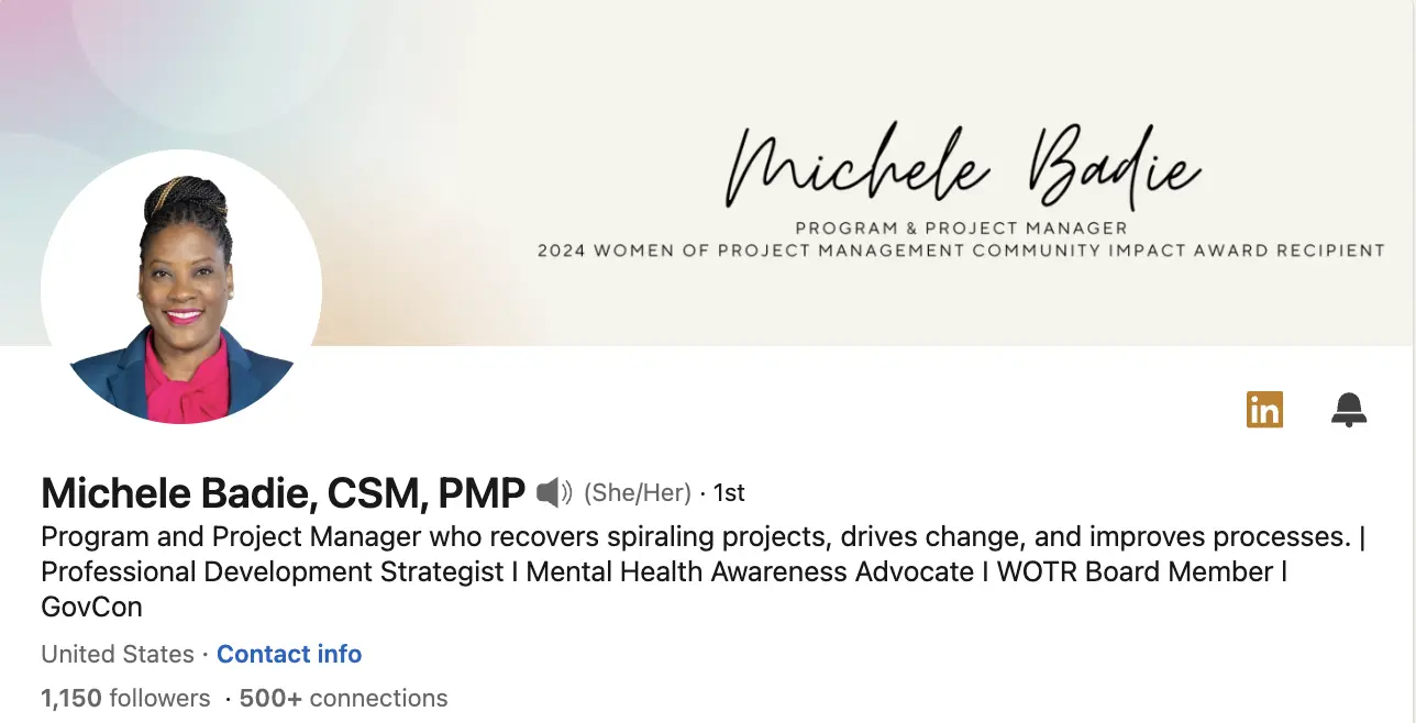 linkedin profile of michele badie, project manager influencer