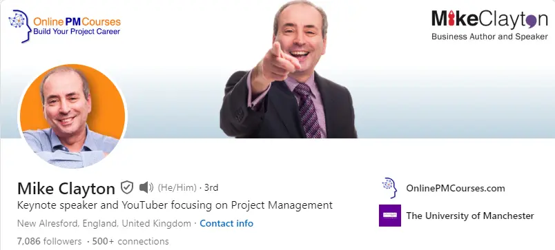 linkedin profile of mike clayton, project manager influencer