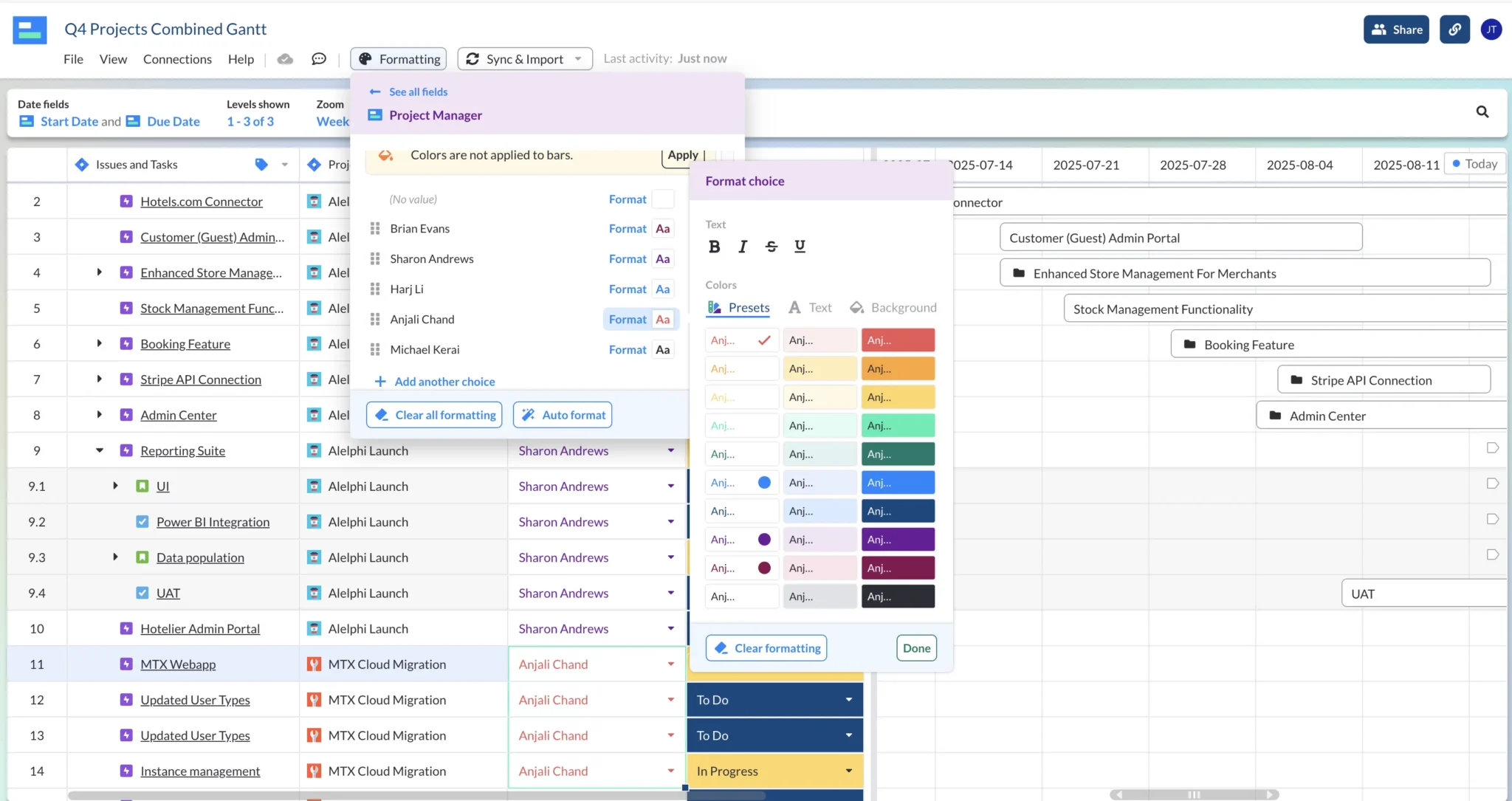 Conditional formatting setup on a multi project Gantt chart in Visor's Gantt view