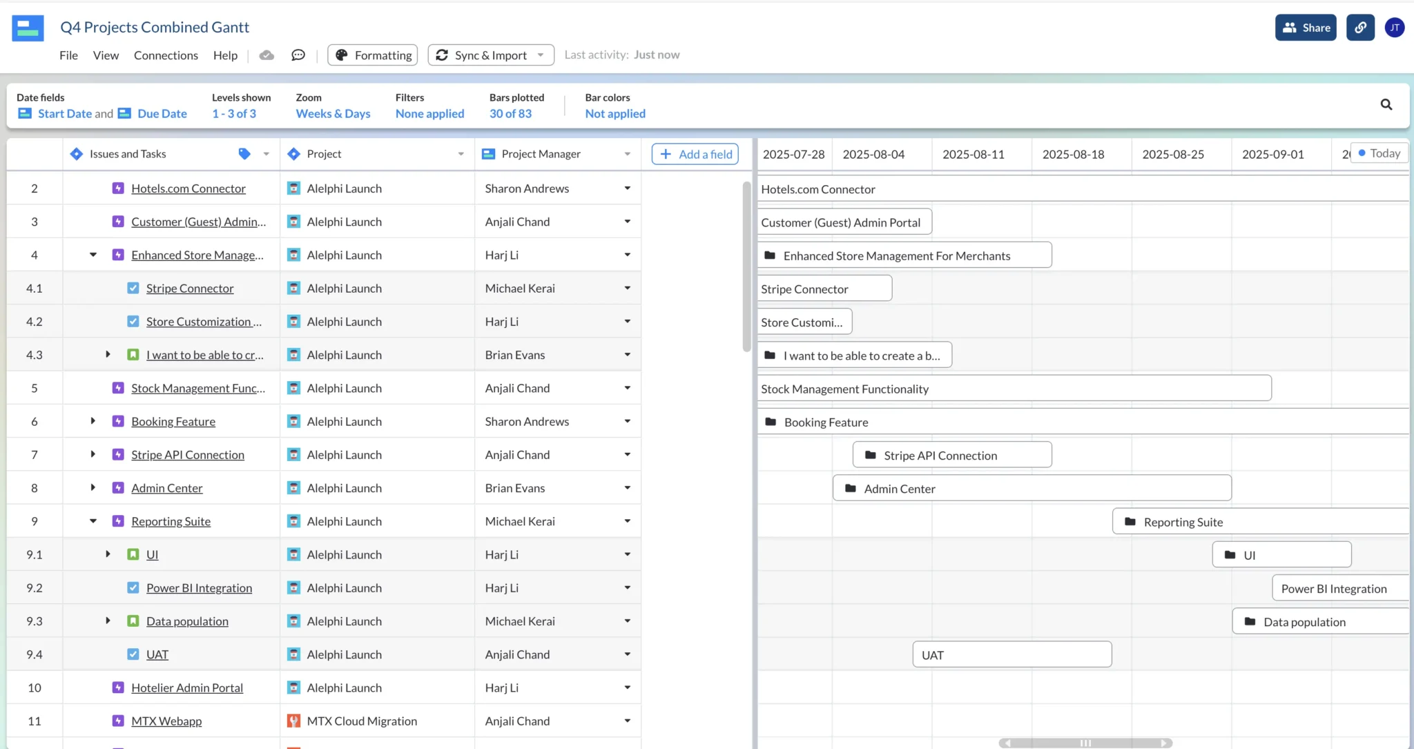 A Gantt chart with multiple projects in Visor, without color formatting and the Add a field button shown