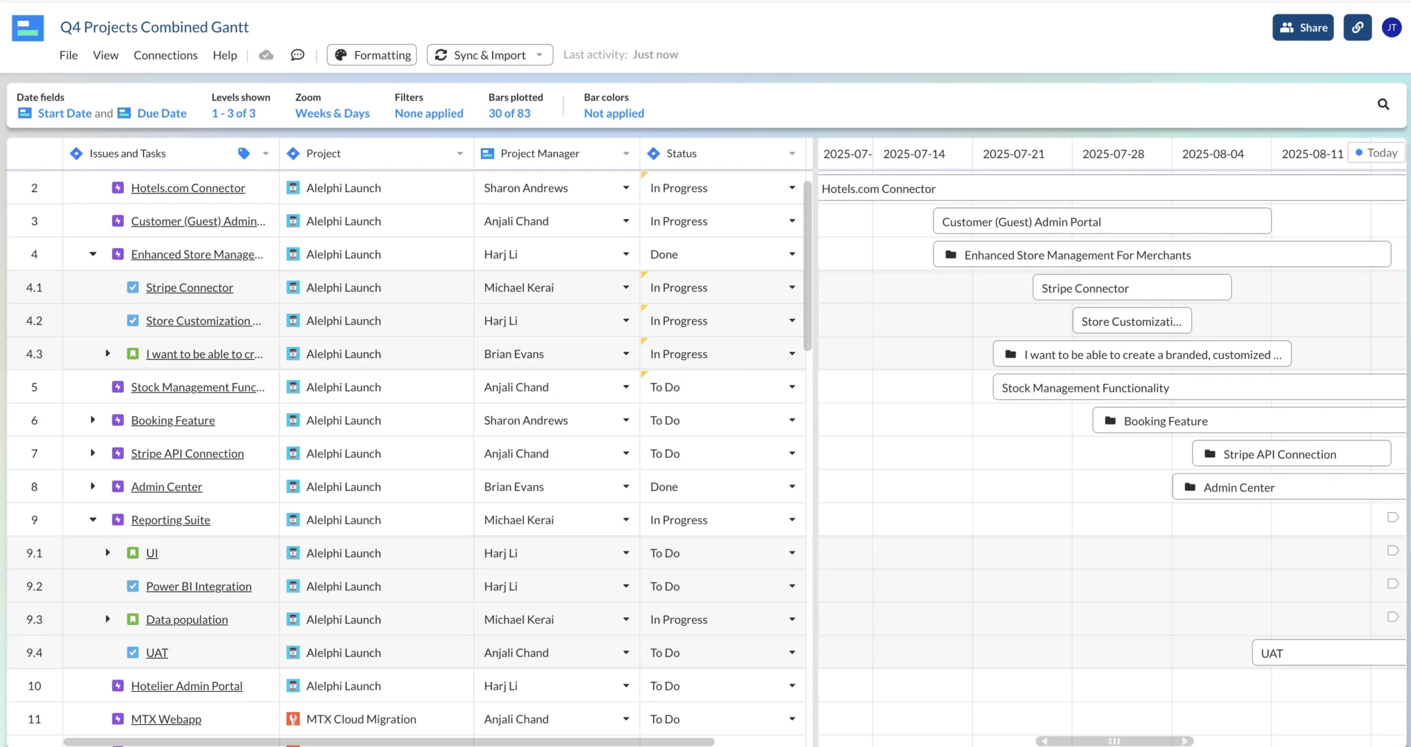 Gantt chart with multiple projects in Visor, with a mix of Jira and Visor fields, and no color coding