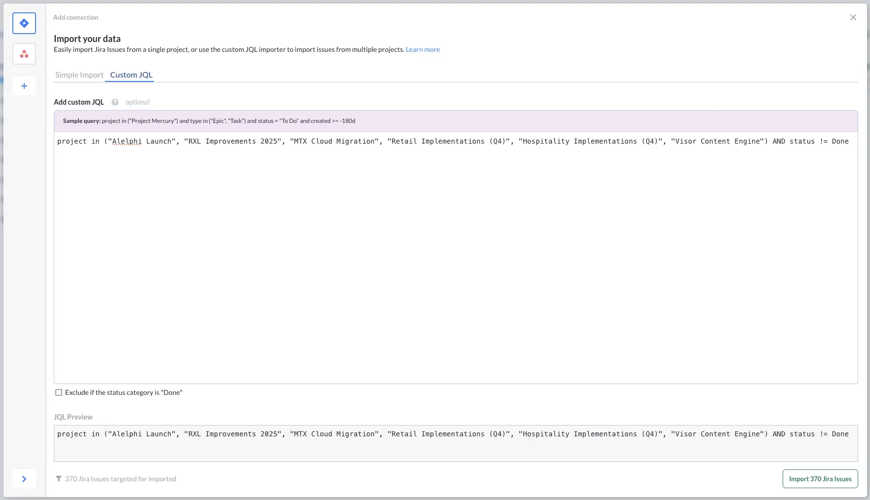 Importing multiple Jira projects into a Visor Gantt chart, with a condition to exclude completed tasks