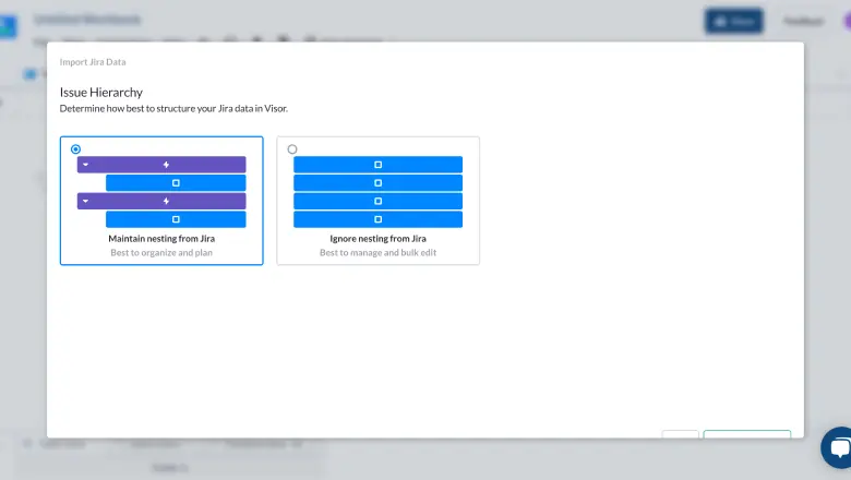 selecting the jira nesting hierarchy for import