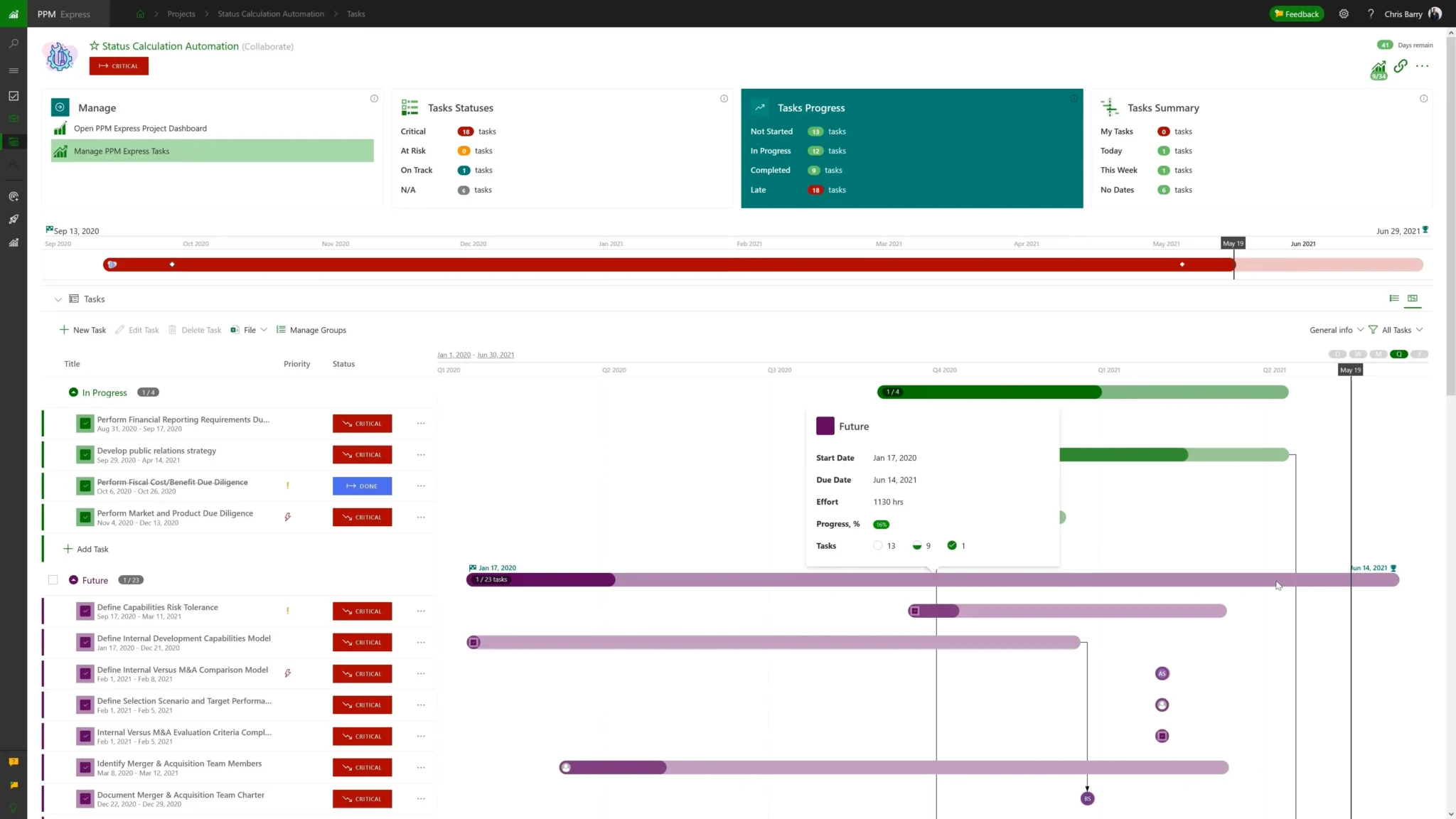 A portfolio timeline view in PPM express, software for project portfolio management