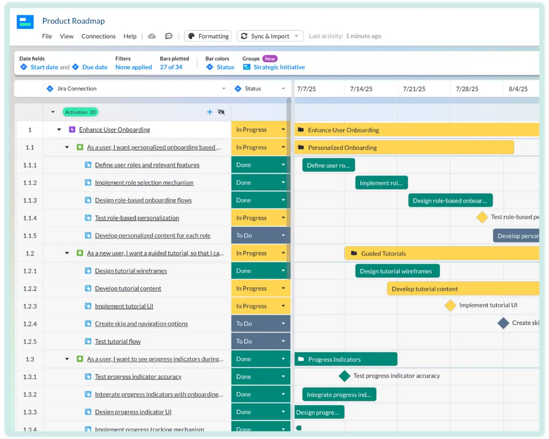 A product roadmap creating using a product roadmap template in Visor.