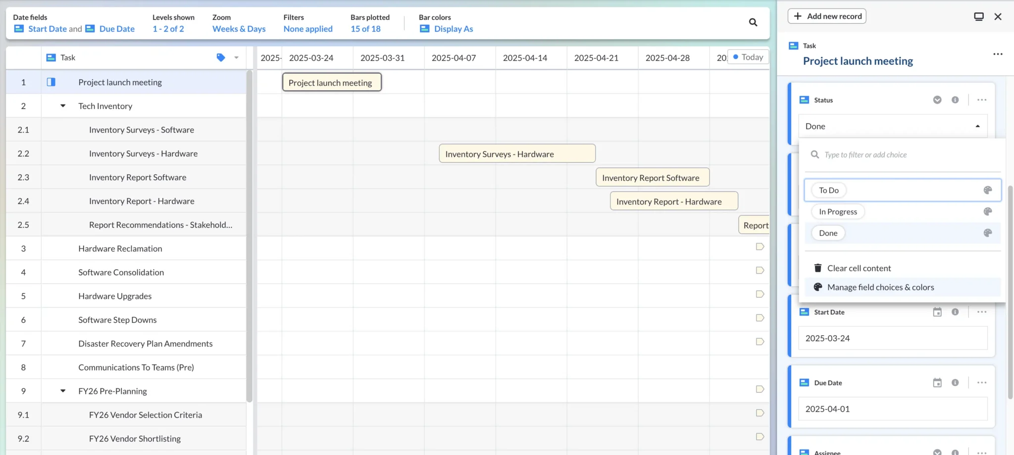 Selecting the field color formatting settings on a project roadmap in Visor