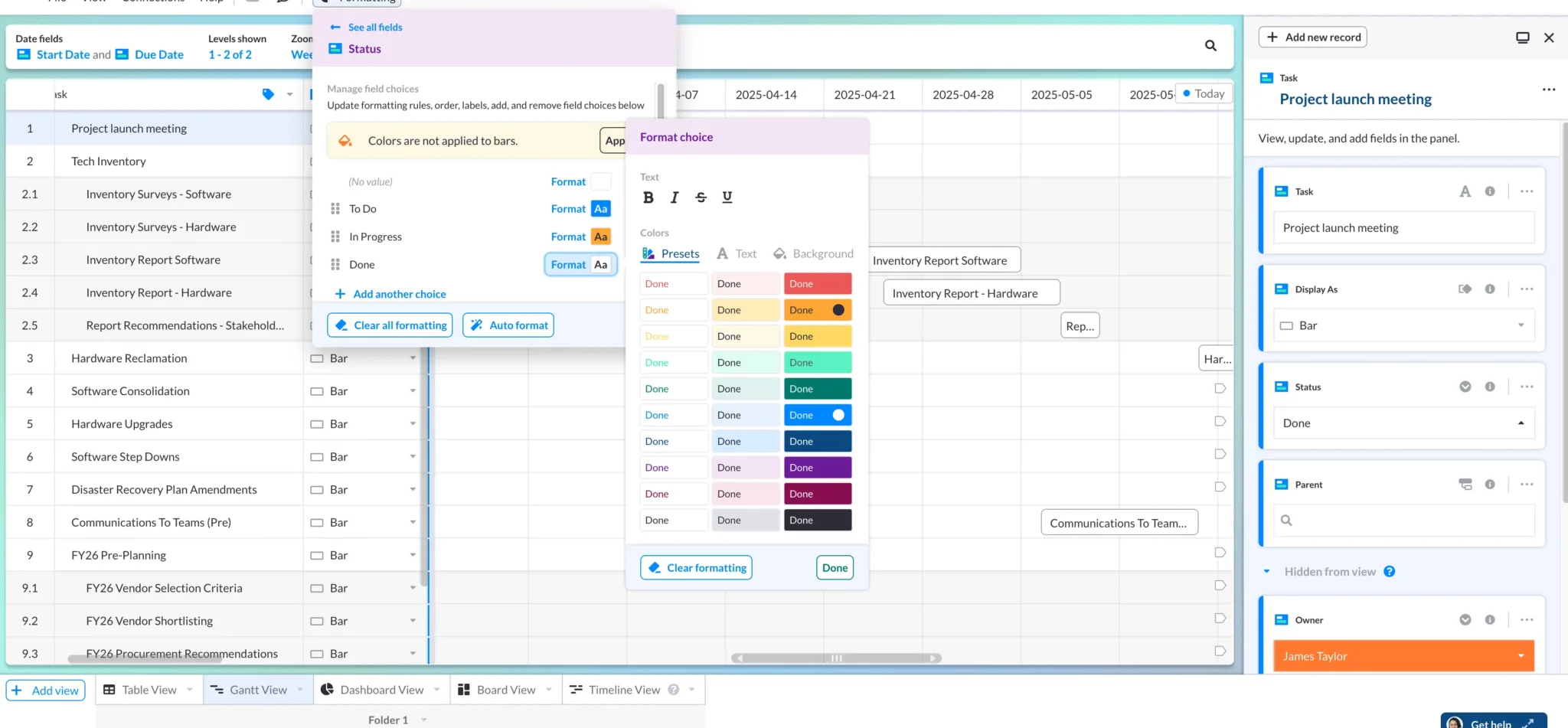 Selecting color coding for a field on a project roadmap in Visor