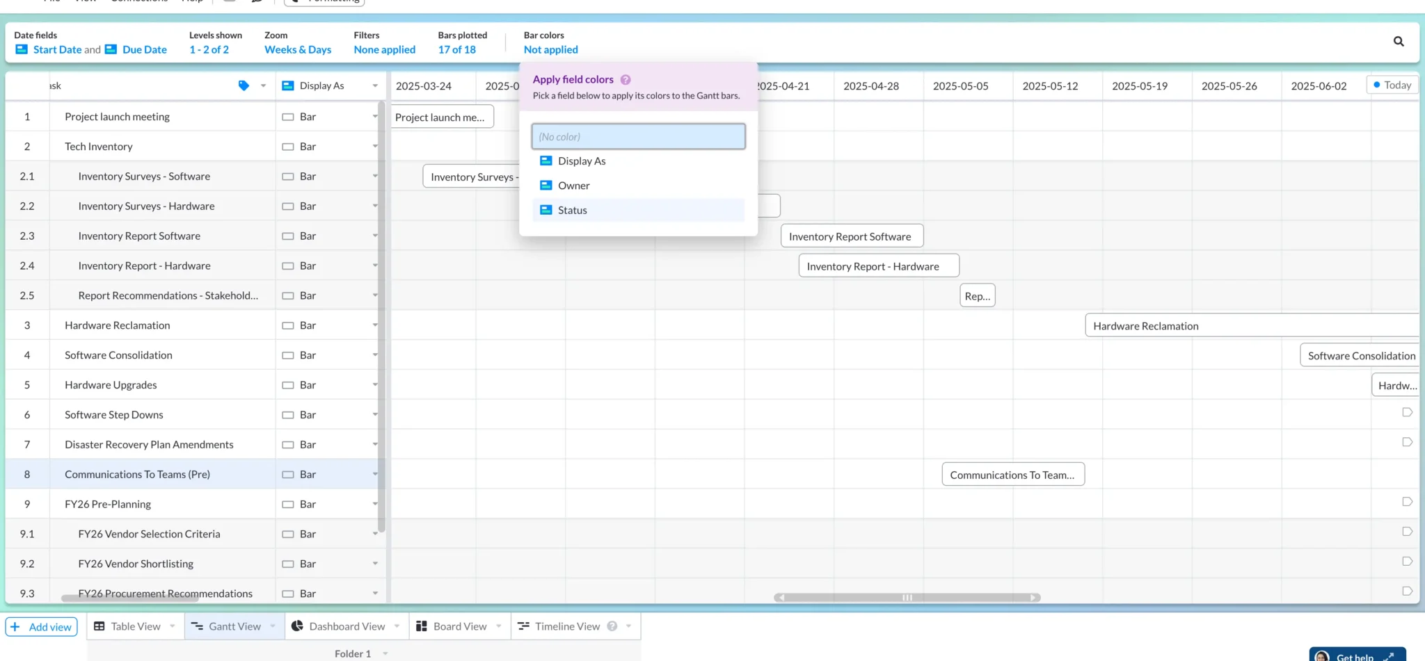 Selecting a project roadmap bar colors in Visor