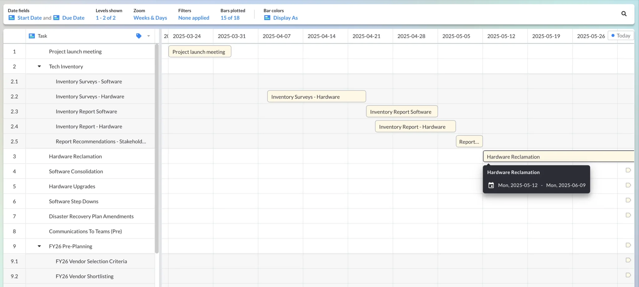 Adjusting a task duration on a project roadmap in Visor