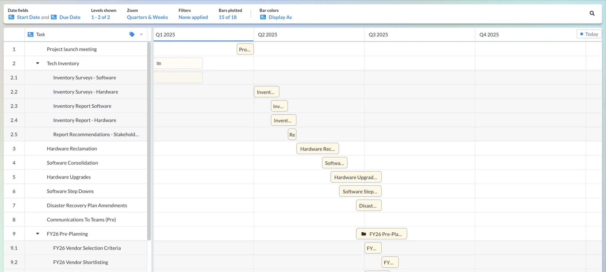 Changing the Zoom level on a project roadmap in Visor to Quarters and Weeks