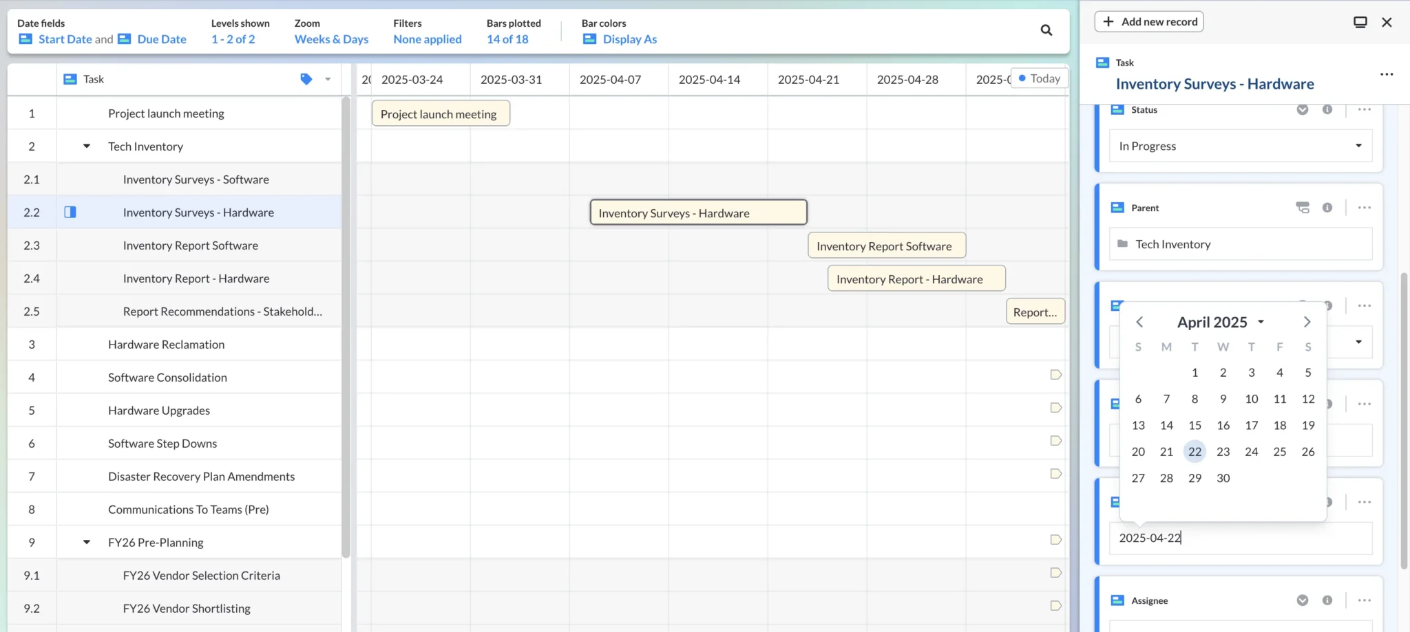 Adding tasks with start and end dates to a project roadmap in Visor