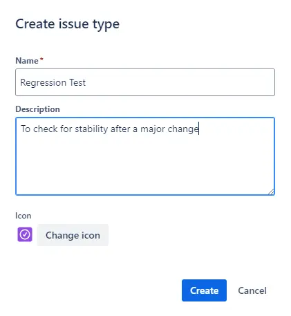 The image creation modal in Jira, creating a custom issue type called "Regression Test"