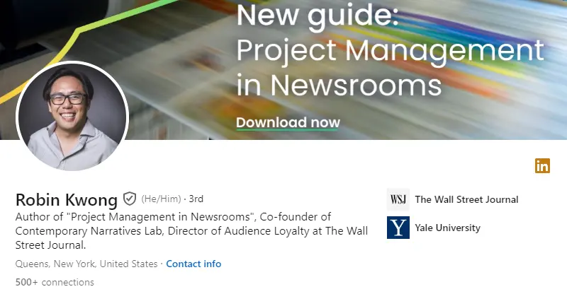 linkedin profile of robin kwong, project manager influencer
