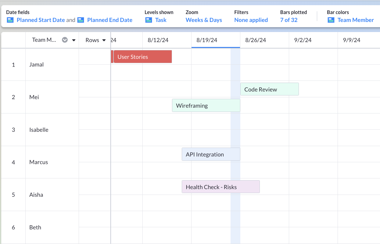 Gantt arranged by team member, in Visor