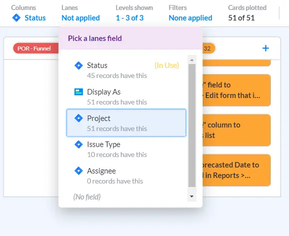 The swimlane field selection menu in Visor's Kanban board view, with Jira Project highlighted as the selected field.