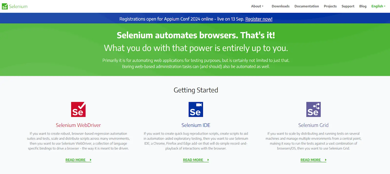 Screenshot of Selenium Homepage (a QA and testing tool for Jira)