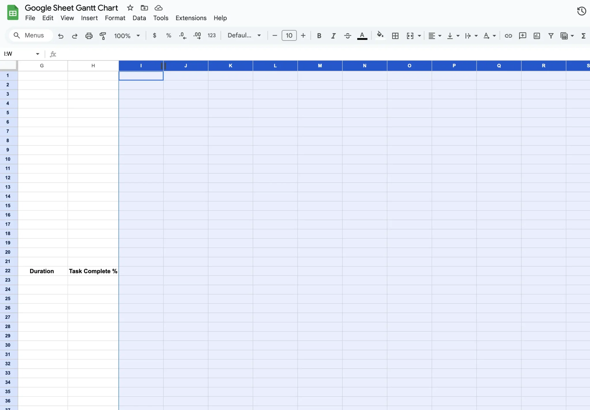 Selecting and resizing the columns used for the timeline section on a Gantt chart created in Google Sheets.