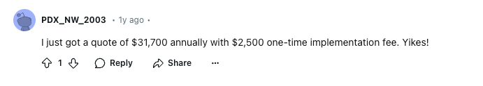 Redditor post in a thread about the cost of Smartsheet's Jira connector. The poster was quoted $31,700 annually, with a $2,500 implementation fee.