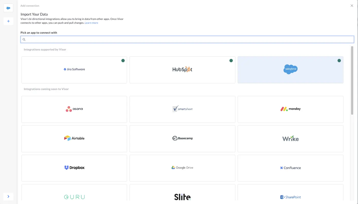 step 1 for salesforce gantt chart in visor is connect to integrations