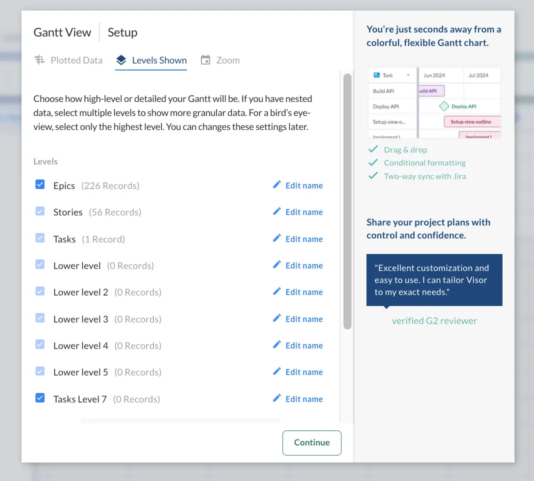 jira milestone roadmap in visor step 3: choose levels shown