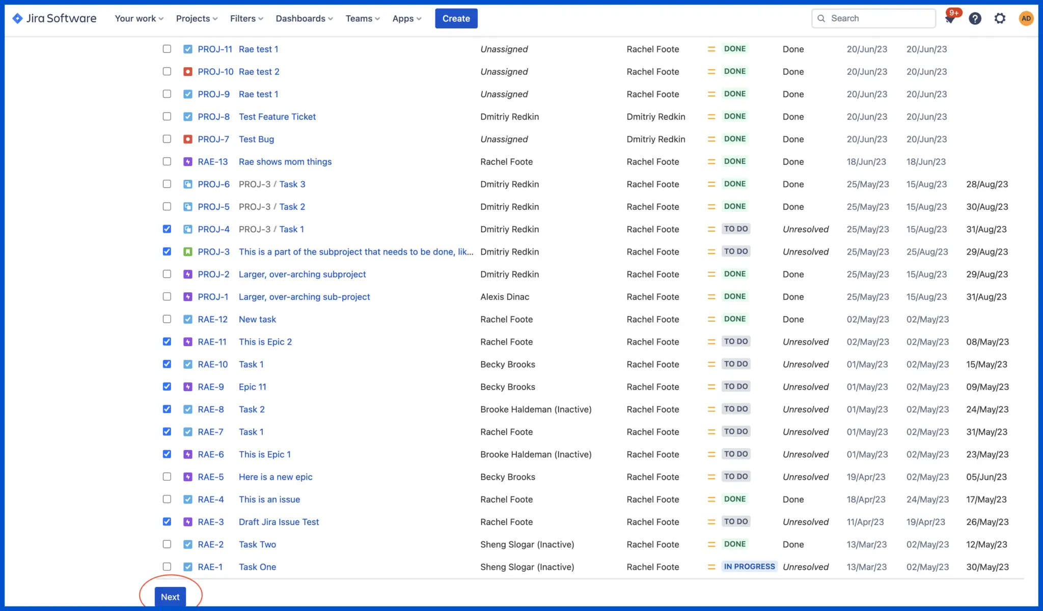 clicking next in bulk editing in jira