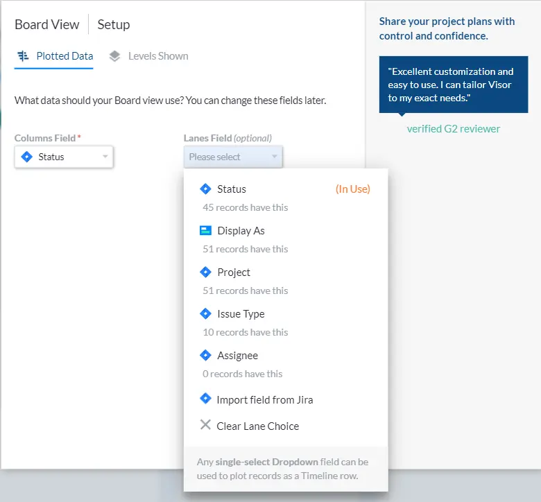 Module used to select the swimlane field for a Kanban board view in Visor.