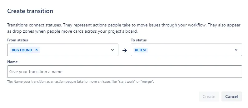 The transition creation modal in Jira, creating a transition where a Bug is found, to change the status to "retest".