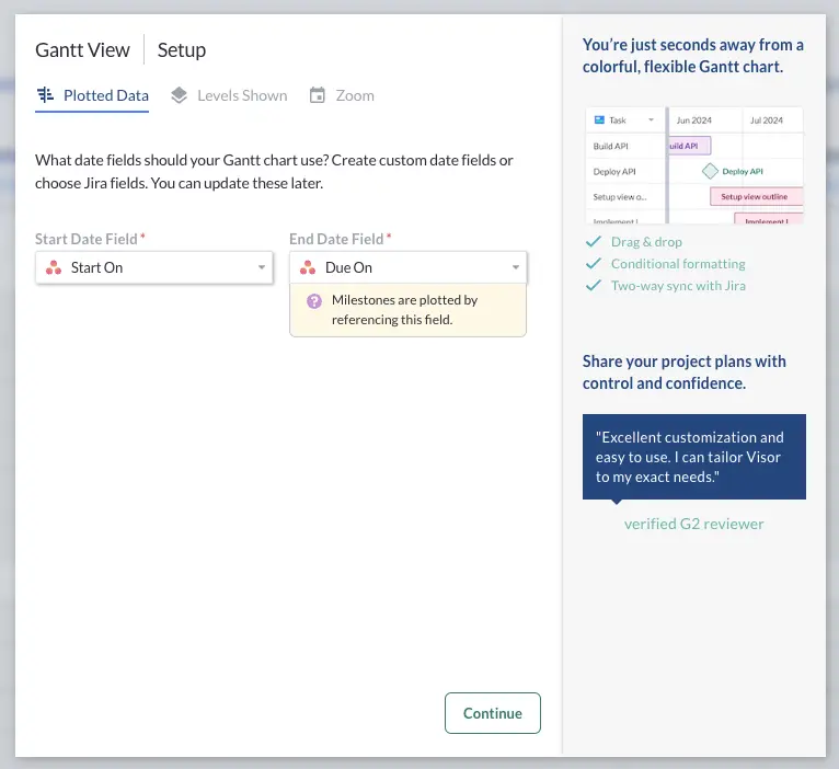 Choosing date fields from Asana in a Visor Gantt chart view setup