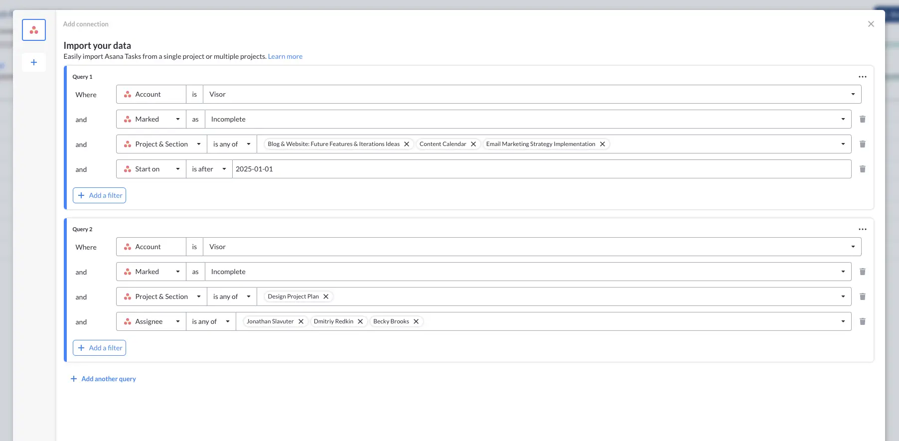 Asana project import setup in Visor, with multiple filters used.