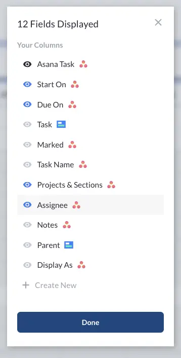 Selecting fields from Asana to show on a Gantt chart in Visor