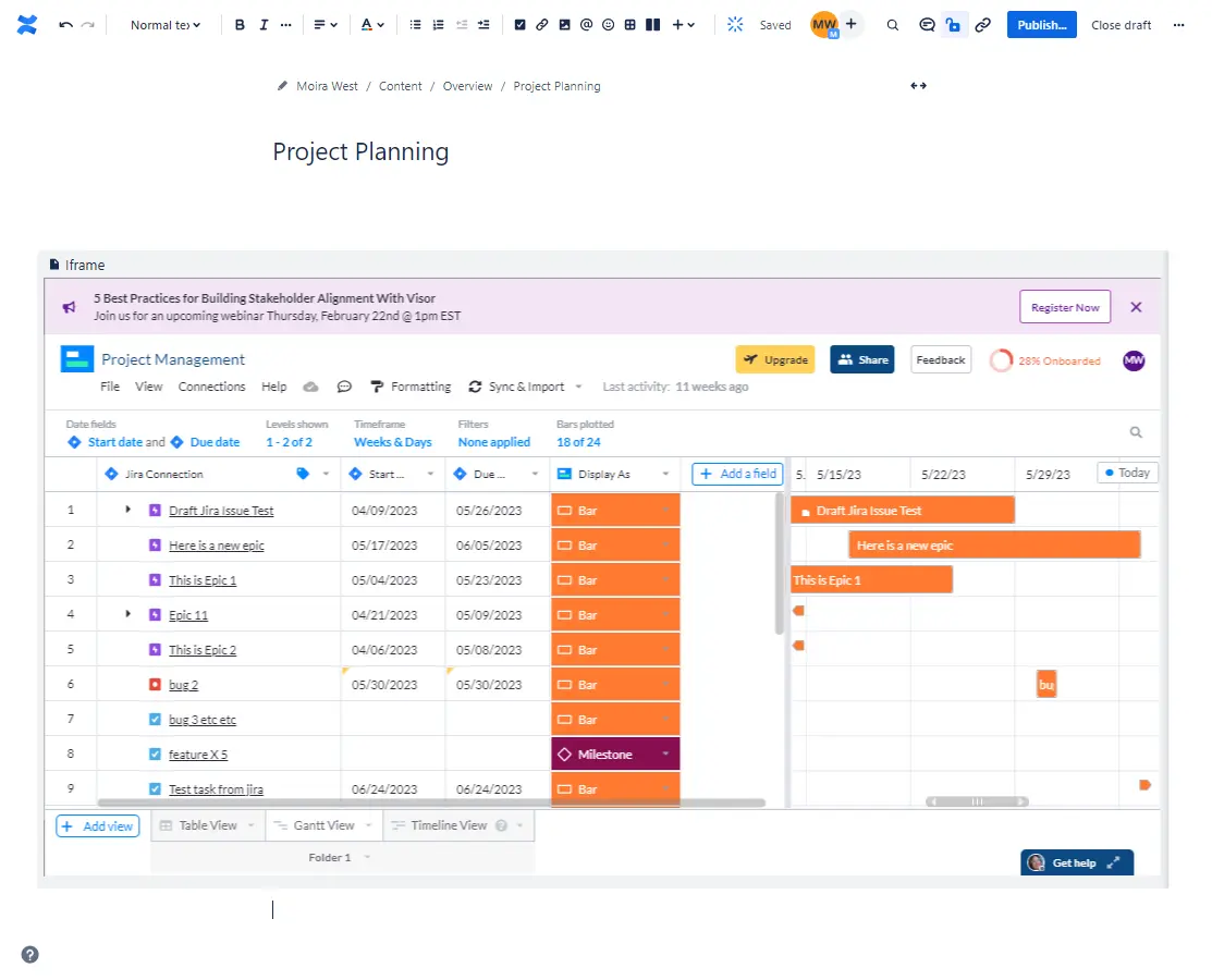 Confluence page with embedded Gantt chart from visor, using Jira data.