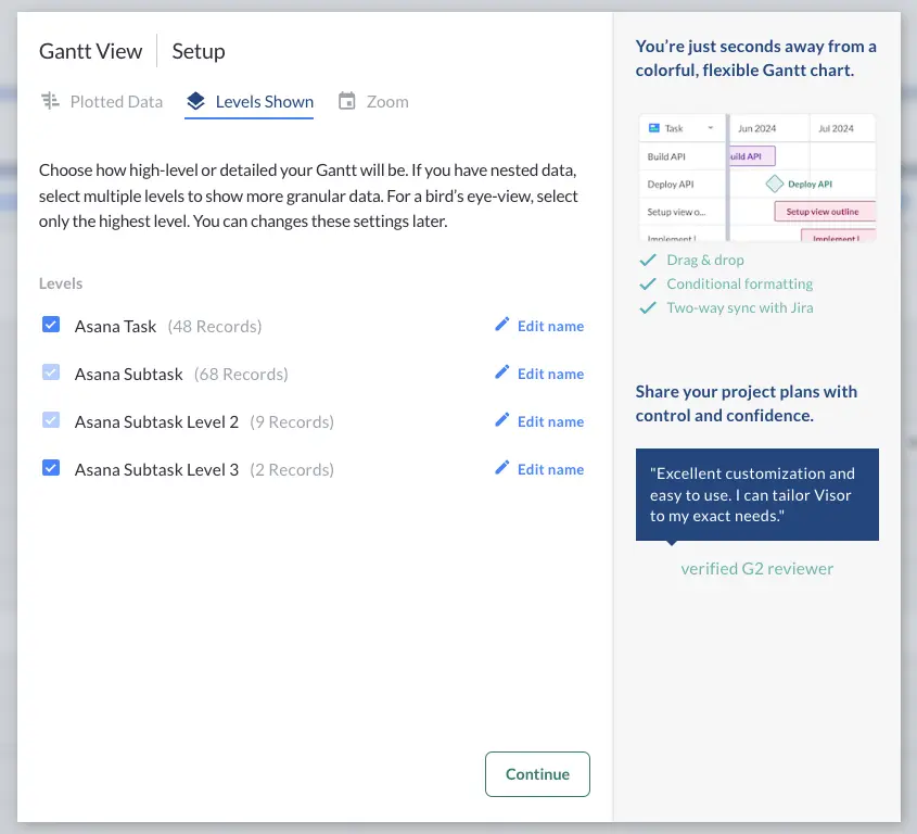 Choosing Asana task levels when setting up an Asana Gantt chart, including tasks, subtasks, and subtasks of subtasks