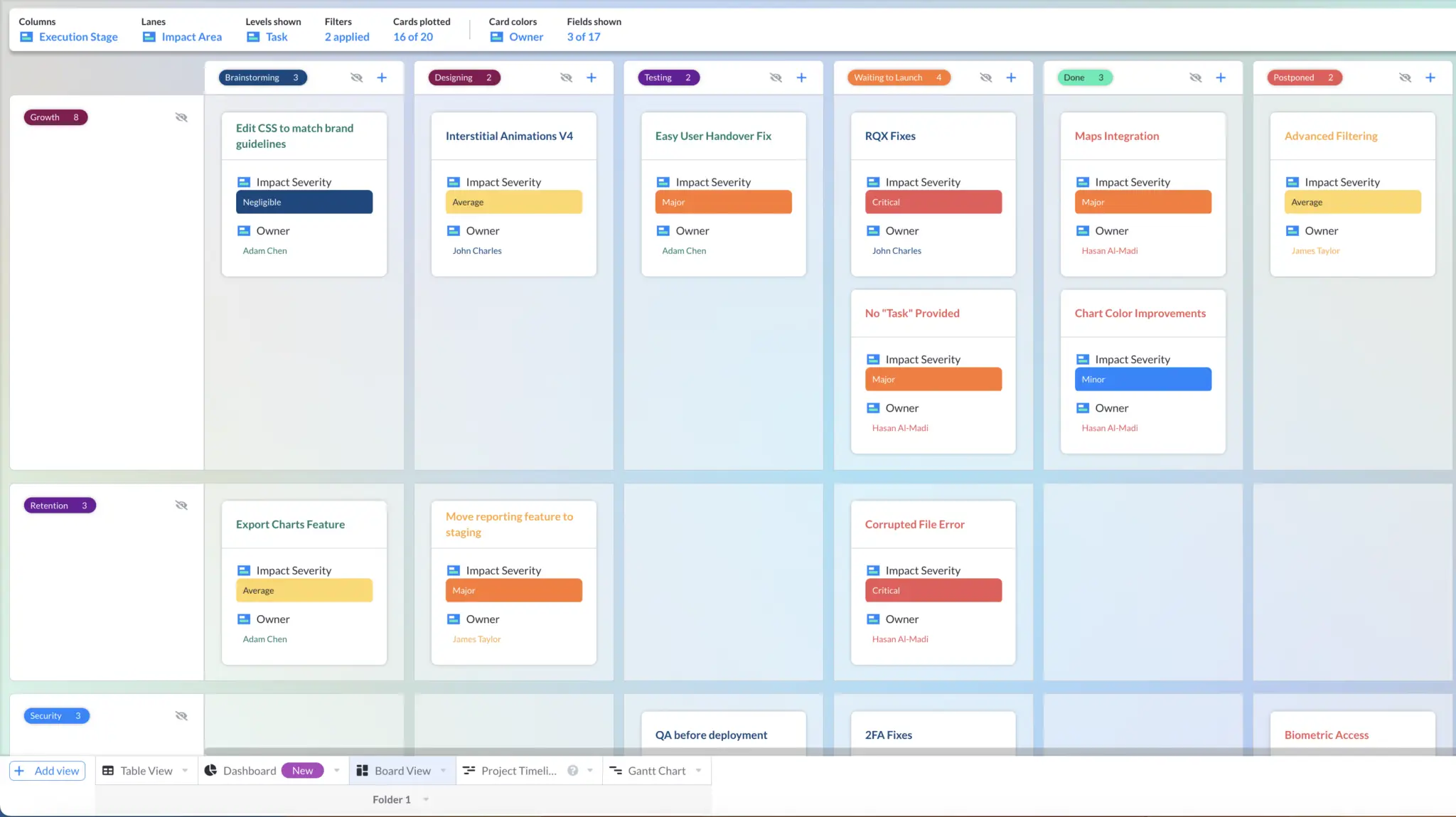 A Kanban Board view in Visor, showing software development tasks