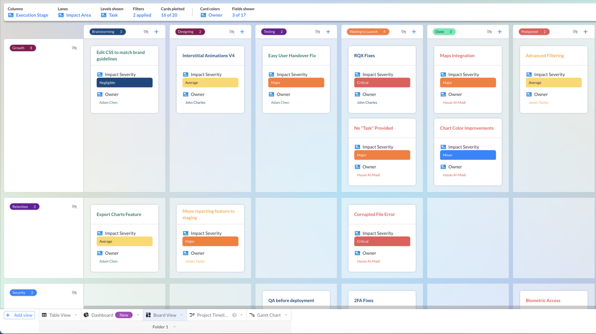 A Kanban Board view in Visor, showing software development tasks