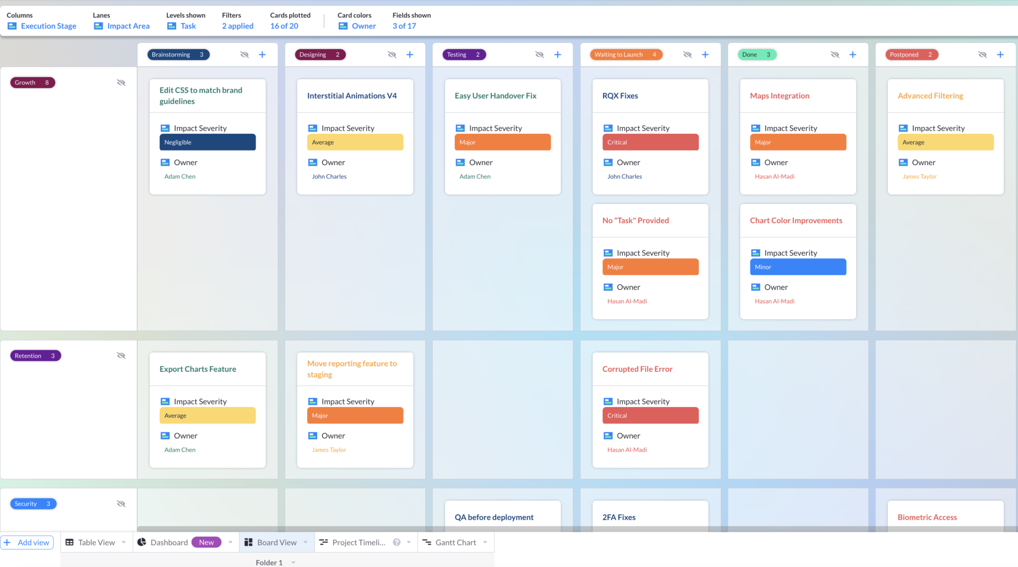 A Kanban Board view in Visor, showing software development tasks