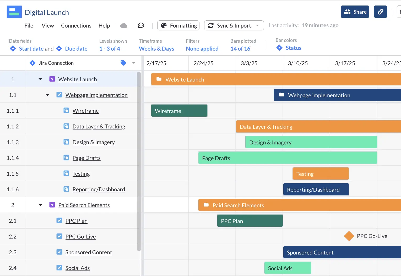 A Gantt chart with milestones for a digital marketing launch, created in Visor.