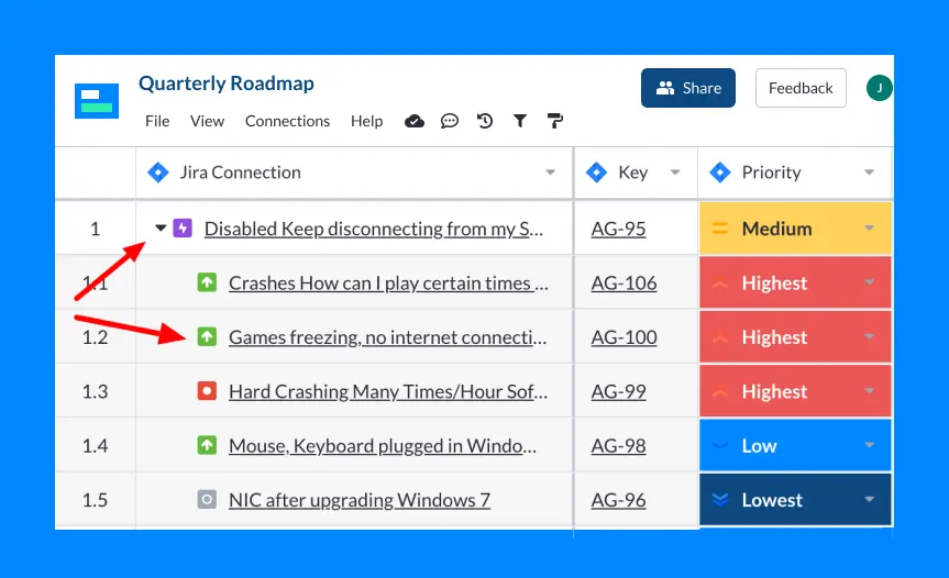 Visor's spreadsheet view example, an alternative to connecting Smartsheet to Jira.