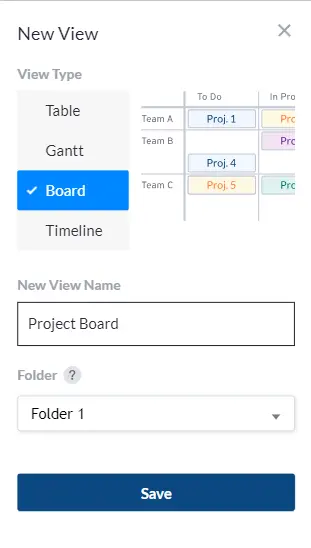 The view selector module in Visor, with the Board view (Kanban board) selected.