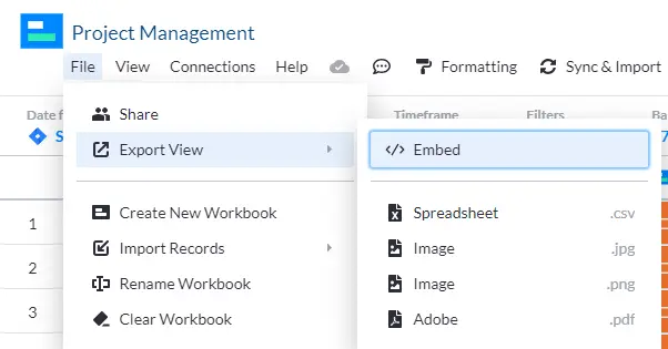 visor embed code option for gantt chart