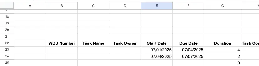 Example of a working duration calculation in a Google Sheets Gantt chart