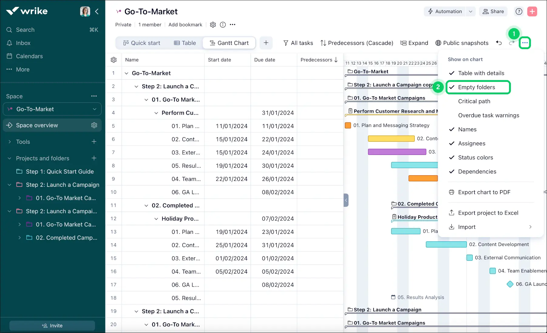 a gantt chart in Wrike