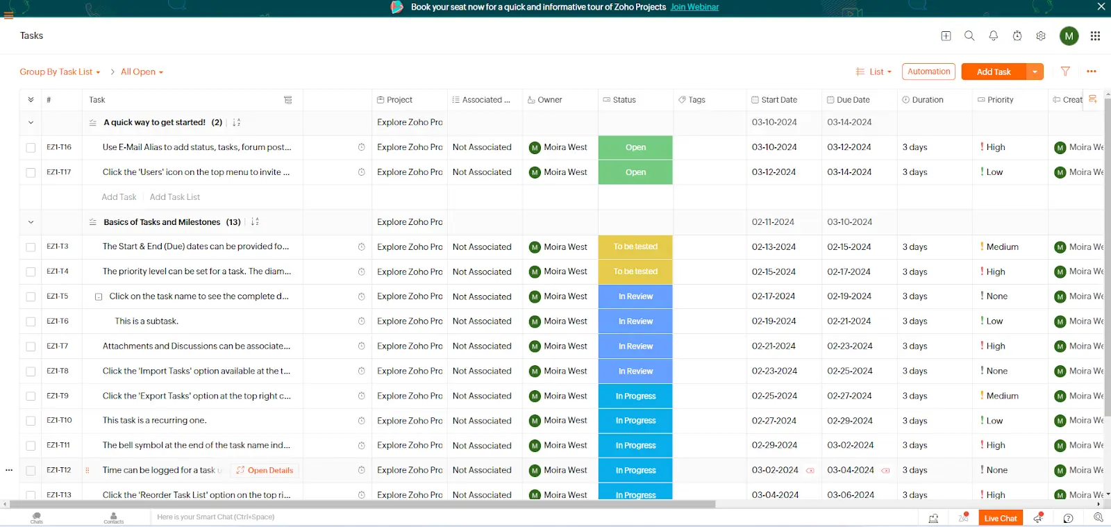 A table view in Zoho projects, another spreadsheet based Smartsheet alternative