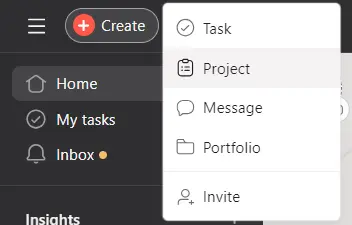 creating a new project in asana