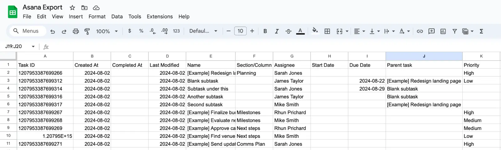 asana information exported to a CSV