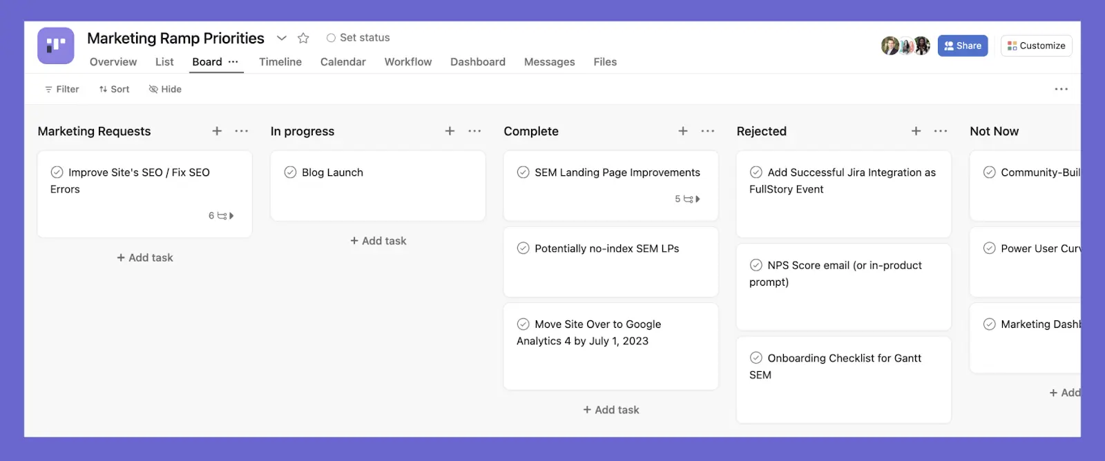 asana features example: kanban board